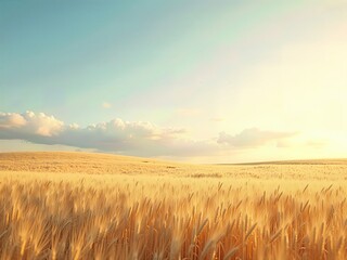 Obraz premium Golden Wheat Field Under a Pastel Sky, A Serene Landscape of Grain and Clouds at Sunrise or Sunset with Warm Tones