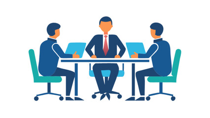 Three business people are sitting at a table with laptops, isolated on white background