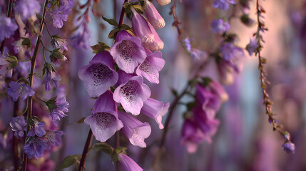 Tall foxglove blossoms cascading in soft purple focus