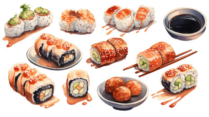 onigiri takoyaki gyoza ikura red caviar sushi on white background