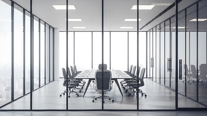 Modern Conference Room with Glass Walls, Minimalist Design, Bright Lighting