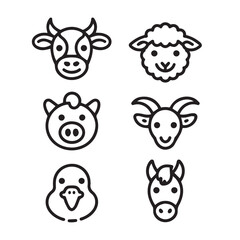 Fototapeta premium Cute Farm Animal Face Outline Icon Set — Cow, Pig, Sheep, Chicken, Goat, Duck, and Horse Head Line Art Symbols
