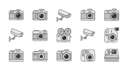 Collection of various camera and surveillance system illustrations in a simple grayscale style.