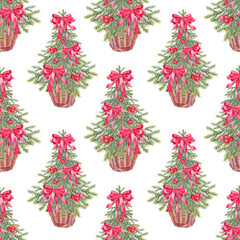 Watercolor seamless pattern with christmas tree in basket and red ribbon bow on white background. Forest evergreen fir or pine for card. Hand-drawn art for new year celebration or wrapping wallpaper