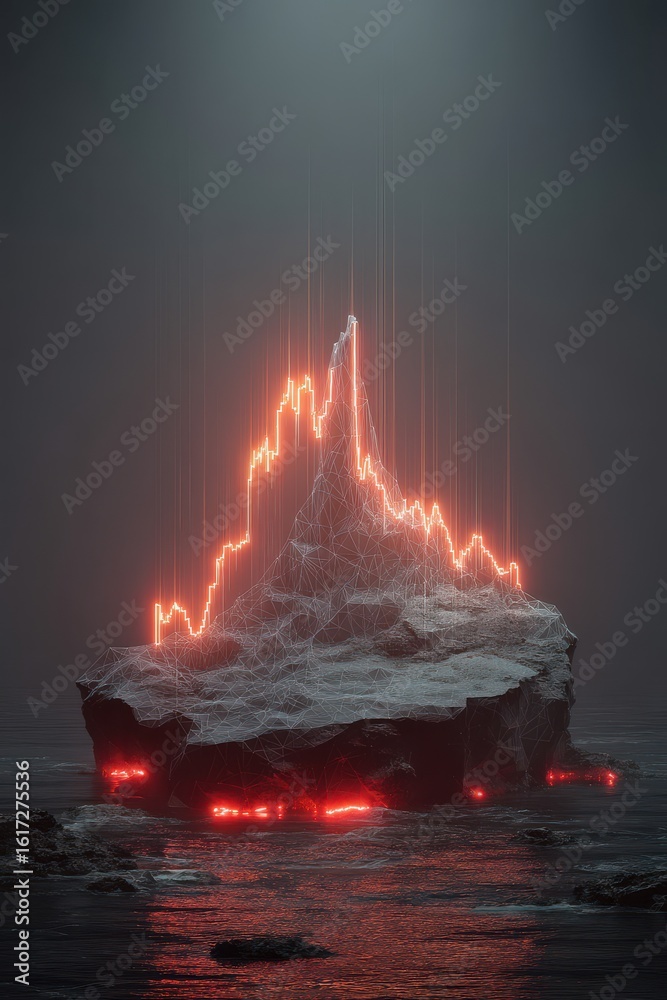 Wall mural digital data visualization on a glowing polygonal cliff island in dark waters