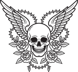 Fototapeta premium Tattoo Design with Skull Wings Roses Barbed Wire