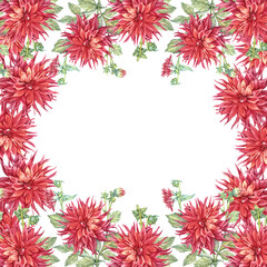 Watercolor square frame with copy space with red fire flower Dahlia on white background. Hand-drawn floral plant with green leaves. Summer art for wedding invite celebration card. Wallpaper wrapping