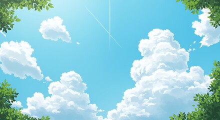 Bright Sky with Fluffy Clouds and Airplane Trails