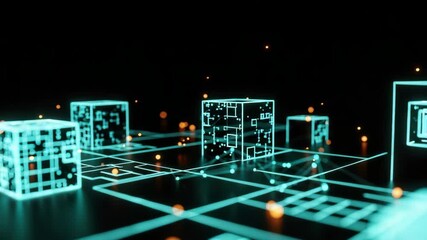 A futuristic digital landscape featuring glowing geometric cubes and interconnected lines symbolizing advanced technology and data visualization in a dark immersive environment - Powered by Adobe