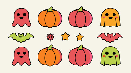 Collection of stylish simple halloween celebration graphics featuring amusing characters and festive motifs in a limited color palette
