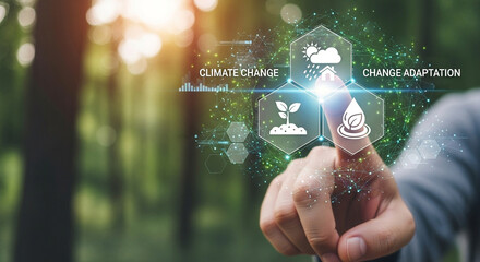 A hand touching climate change adaptation icons with nature background and digital connections effect