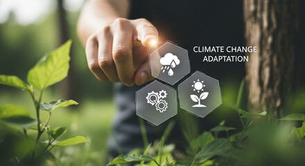 Hand interacting with climate change adaptation icons in a green forest environment scene view