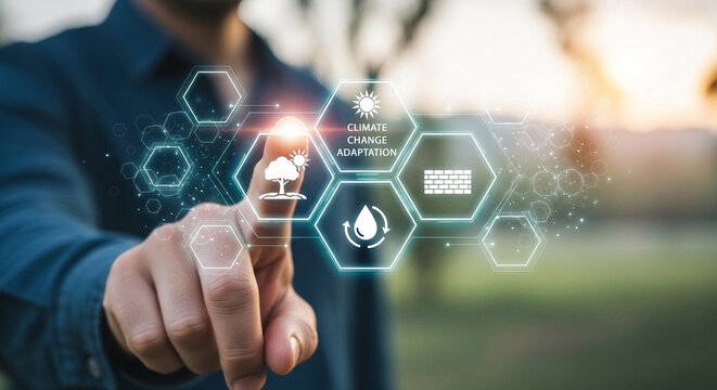 Person interacting with climate change adaptation icons on a digital interface outdoors at daytime