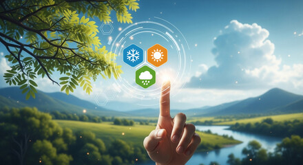 Hand touching weather icons with a nature background of trees mountains and a winding river view