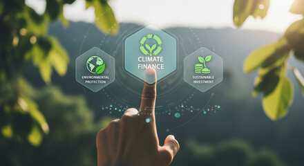 Finger touching climate finance interface with environmental protection and investment icons