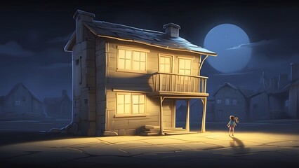 Animated House in Pencil Sketch Style Illuminated by Moonlight with a Child Figure