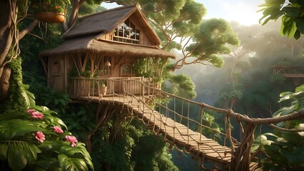 Cozy Treehouse Nestled Amidst Vibrant Greenery in a Sunlit Forest