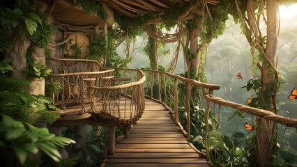 Cozy Treehouse Nestled Deep in a Lush Green Forest Surrounded by Vibrant Butterflies