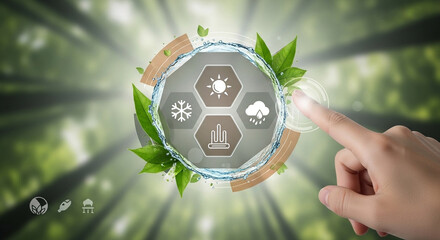 Hand touching a circular interface with weather icons surrounded by leaves and water droplets on green