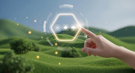 Hand interacting with weather interface on green hills suggesting climate technology concept view