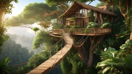 Cozy Treehouse Nestled Deep in a Lush Green Forest with Wooden Bridge and Soft Sunlight