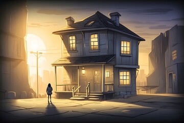 Crooked Three-Story House with Warm Lights at Dusk in a Deserted Street Environment
