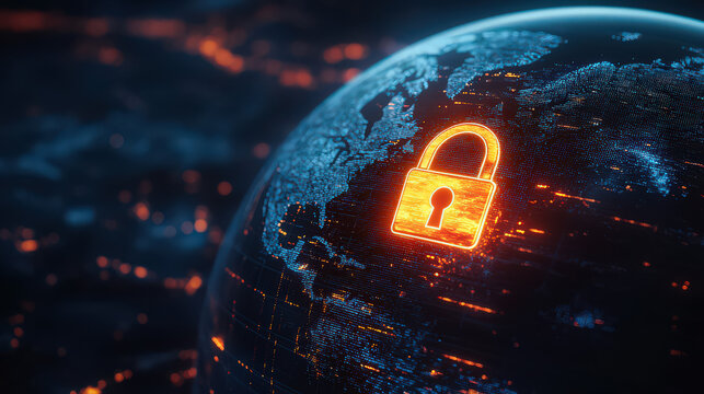 Glowing padlock on digital earth representing global data security and network protection concept design - Powered by Adobe