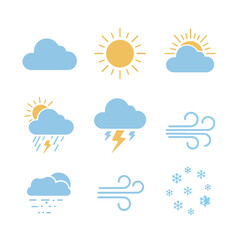 Obraz premium A collection of simple flat weather icons. Set of meteorological symbols including sun, cloud, rain, storm, wind, and snow for forecast.