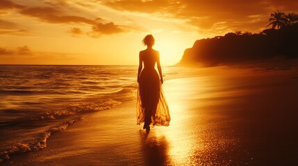 Silhouetted woman in flowing dress walks along a beach at sunset, ocean waves lapping at her feet.