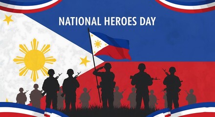 National Heroes Day image. Features Philippine flag, soldier silhouettes, and text. Patriotic tribute and celebration of national heroes.