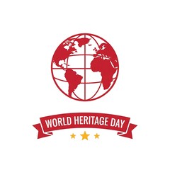 A red globe icon with grid lines and a red banner below that says World Heritage Day with three yellow stars on the banner.