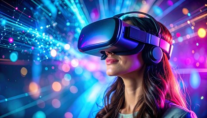 Woman's Immersive Journey into a Neon-Lit Digital Metaverse