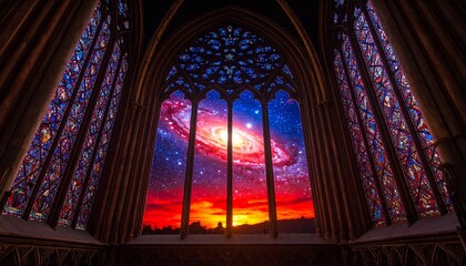 Cathedral Window to the Cosmos: Gothic Arch Framing a Galactic Sunset
