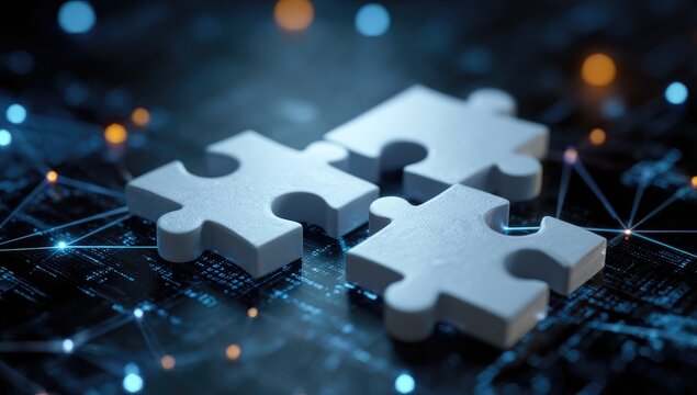 Three puzzle pieces on a digital circuit board