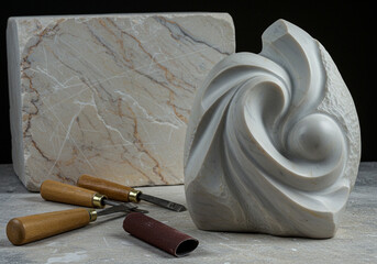 Two marble sculptures are displayed, one a raw block and the other a gracefully carved abstract form, alongside carving tools