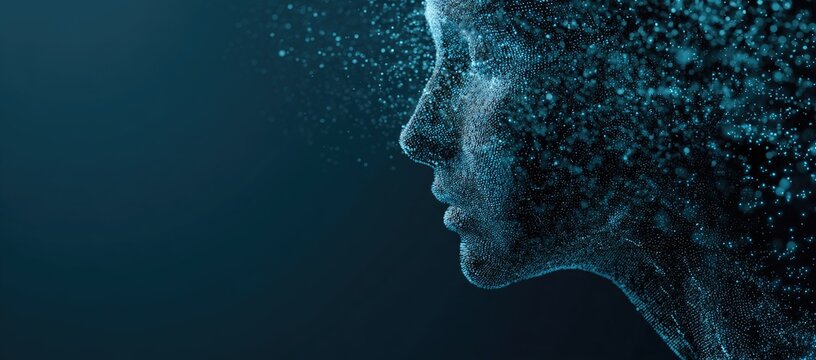 Profile of a digital face.  Abstract particles form a person's profile