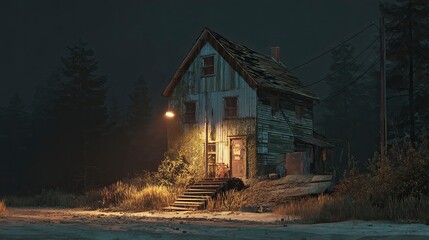 Weathered house in dark woods