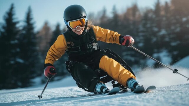 Smiling handicapped skier confidently navigating snowy slope. Adaptive sports, winter sports, outdoor activity, joy of challenge.