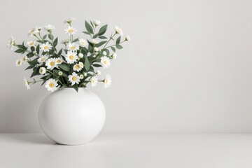 White vase with a bouquet of daisies.