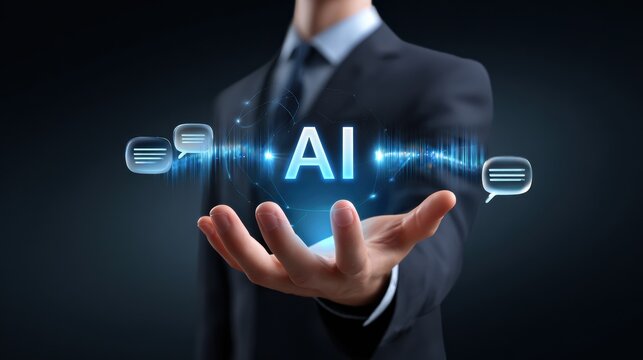 Businessman Holding Holographic AI Interface with Chat Bubbles.