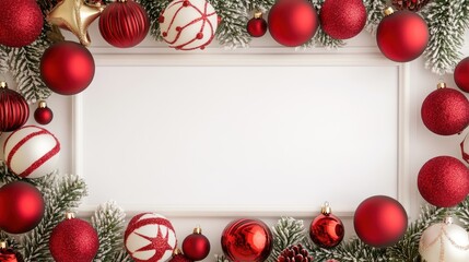 Festive Christmas frame with red ornaments and evergreen branches, blank space.