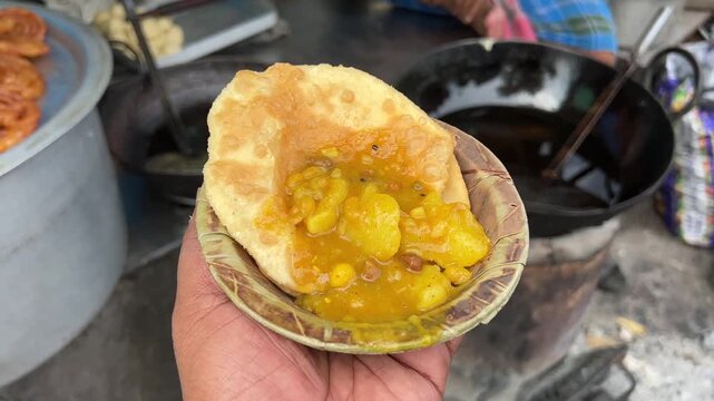 Kachori sabji being prepared in Bihari style in the streets of Kolkata