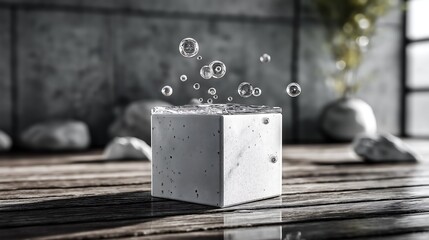 Photorealistic 3D Render of White Box with Floating Bubbles, Clean Transparent Glass Surfaces, Hyper-Realistic CGI