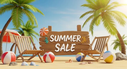 Summer sale scene. Includes chairs, beach balls, palm trees, and a wooden sign on a sandy beach under a bright blue sky. Tropical getaway.