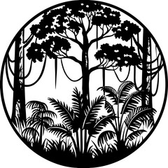 Dense silhouetted jungle scene against a stark background