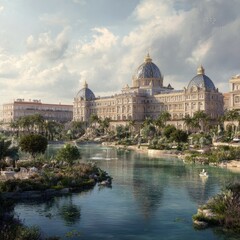 Fototapeta premium Grand palace complex overlooking a tranquil water feature