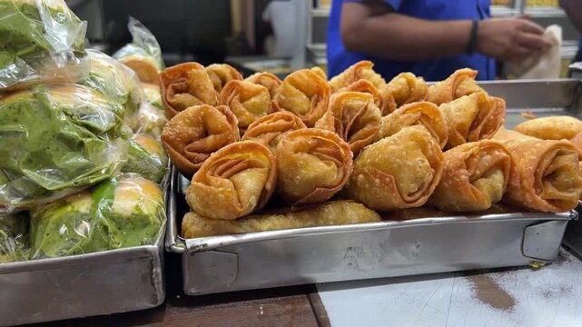 Vada pav, spring roll and dhokla being sold in a shop in Kolkata