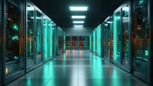 Futuristic server room with teal glow