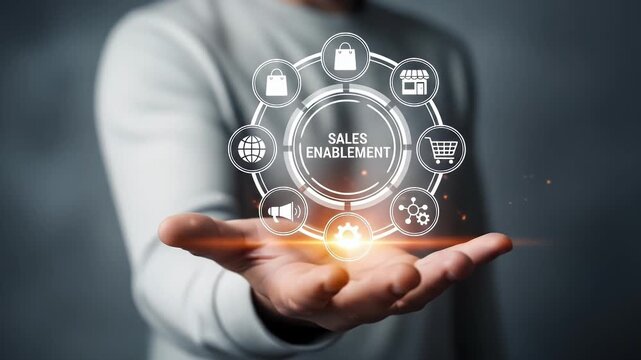 A person holding a sales enablement concept with icons floating above their open hand in a dark room