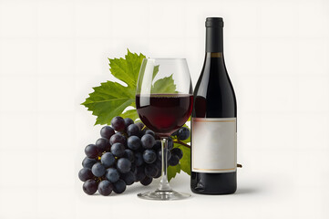 Obraz premium Bottle and glass of red wine, bunch of grapes with leaves isolated on a white background